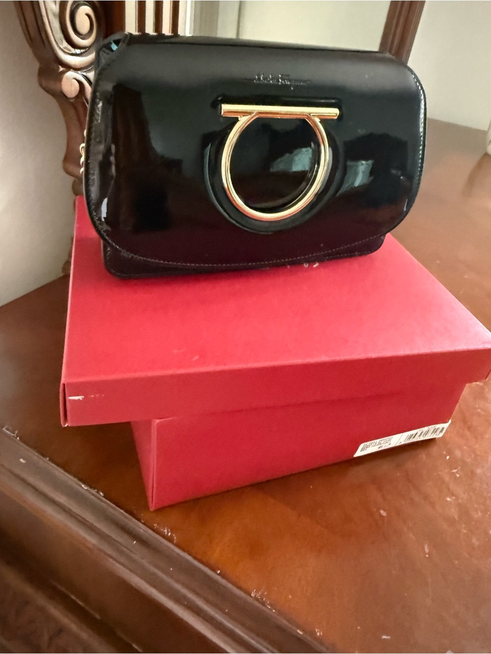 Salvatore Ferragamo Black Patent Crossbody with Gold Gancini